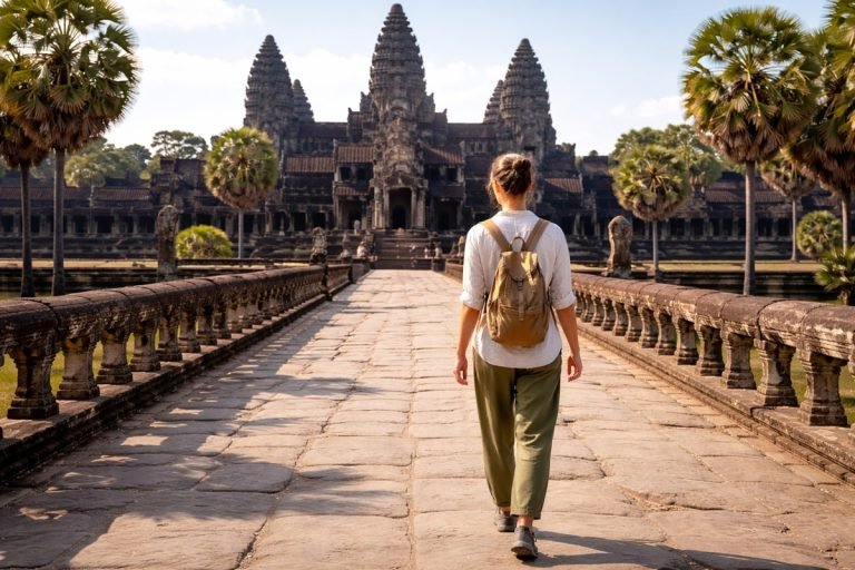 cambodia packing list temple outfit angkor wat woman wearing light shirt long pants and backpack Caption: Description: