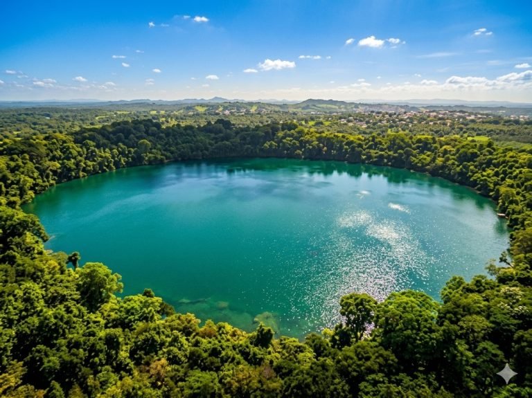 aerial view of yeak laom crater lake surrounded by dense jungle in ratanakiri cambodia