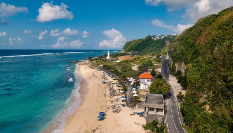 Turquoise coastline and white sand at Pandawa Beach in Bali beaches along the Bukit Peninsula