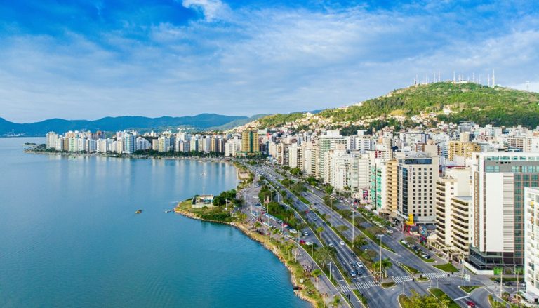 Things to Do in Florianópolis Brazil aerial view of downtown skyline and waterfront along Santa Catarina Island