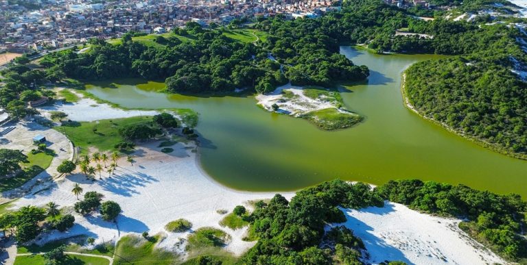 Aerial coastal lagoon landscape showing where to stay in Salvador, Brazil Caption: Description: