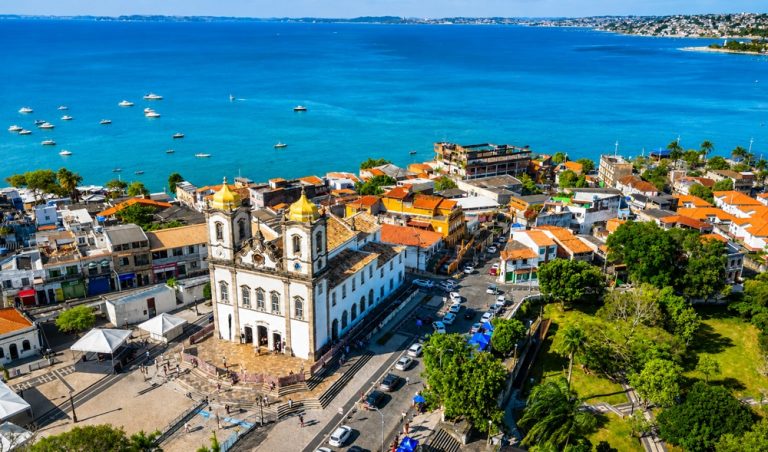 Aerial view of Salvador featured in this Northeast Brazil travel guide showing Bahia coastline and historic architecture Caption: Description: