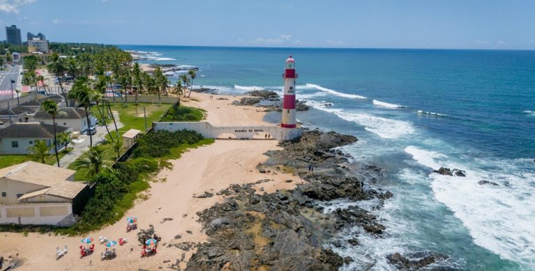 Barra Lighthouse and beachfront coastline showing where to stay in Salvador, Brazil