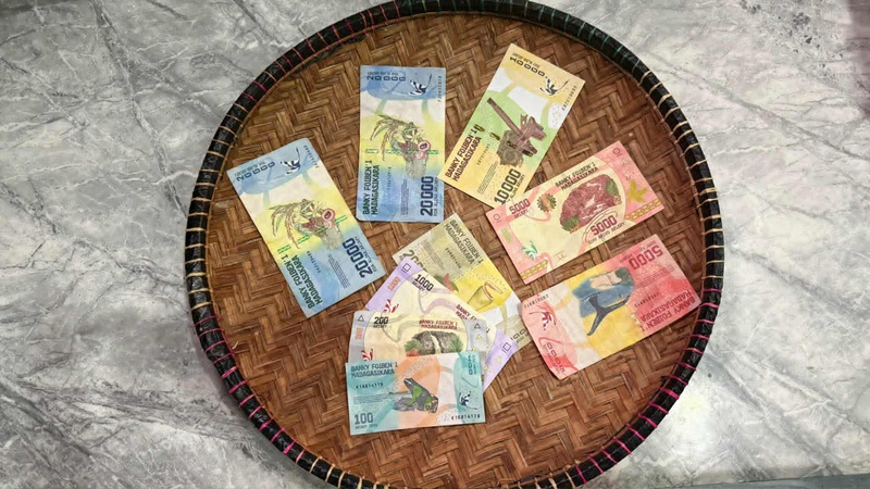 Billets en ariary malgache illustrant le budget Madagascar et la monnaie utilisée pendant un voyage à Madagascar