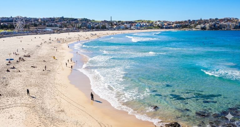 Panoramic view of Bondi Beach, one of the most famous beaches in Sydney with golden sand and turquoise water