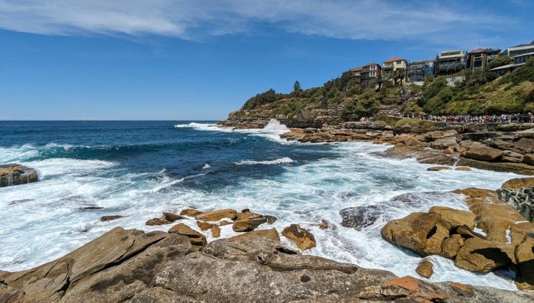 Rocky coastline and ocean scenery along the Bondi to Coogee walk near the famous beaches in Sydney