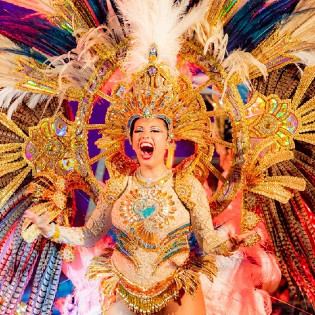 Brazil Carnival samba dancer wearing an elaborate feathered costume during a Rio de Janeiro Carnival parade