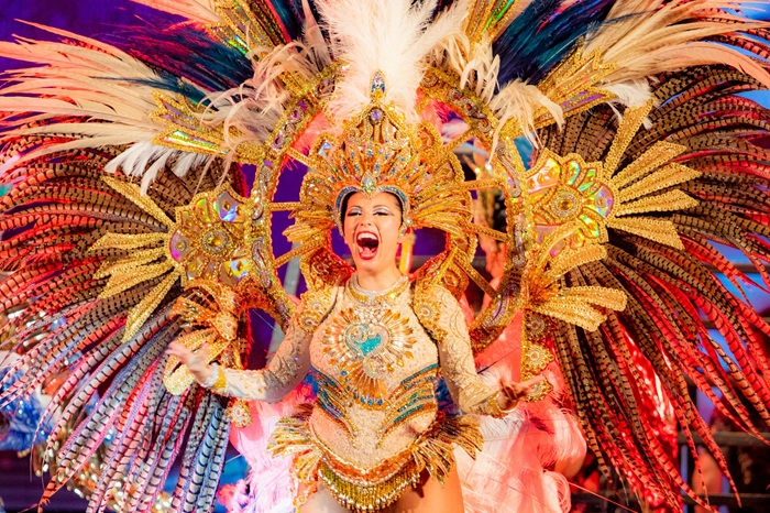Brazil Carnival samba dancer wearing an elaborate feathered costume during a Rio de Janeiro Carnival parade