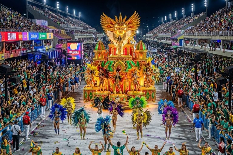 Brazil Carnival samba parade with giant float and colorful costumes inside Rio de Janeiro’s Sambadrome Caption: Description: