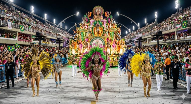 Brazil Carnival samba dancers performing in front of a giant illuminated float during a Rio de Janeiro Carnival parade