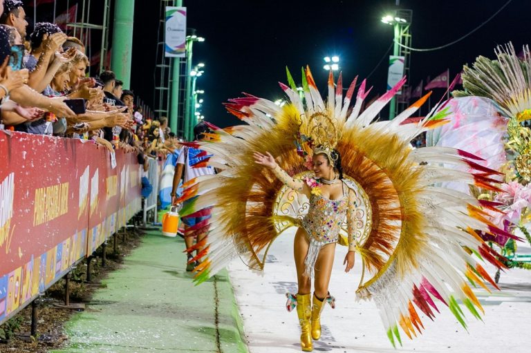 Brazil Carnival samba performer wearing a massive feathered costume during a Carnival parade in Brazil Caption: Description:
