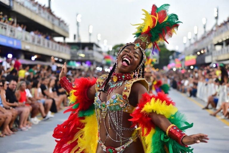 Brazil Carnival samba dancer wearing a colorful feathered costume during a Rio de Janeiro Carnival parade