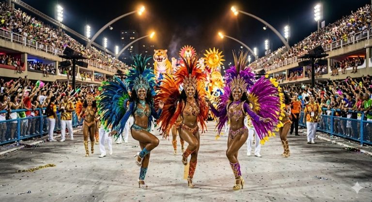 Brazil Carnival samba dancers performing in colorful feathered costumes during a Rio de Janeiro Sambadrome parade
