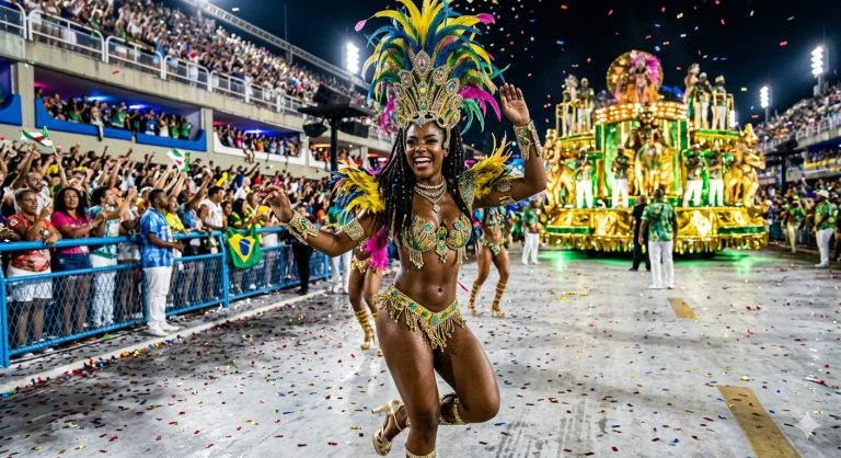 Brazil Carnival samba dancer performing during a Rio de Janeiro Sambadrome parade with giant illuminated float behind her Caption: Description:
