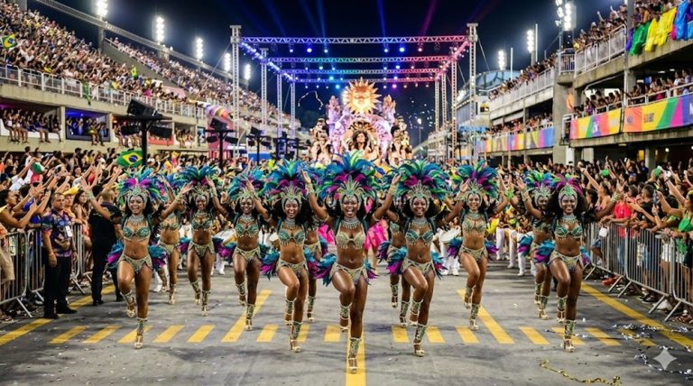 Brazil Carnival samba school dancers performing inside Rio de Janeiro’s Sambadrome during a Carnival parade