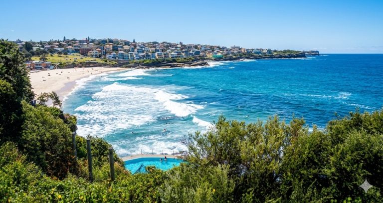 Panoramic coastal view of Bronte Beach, one of the most scenic beaches in Sydney Australia
