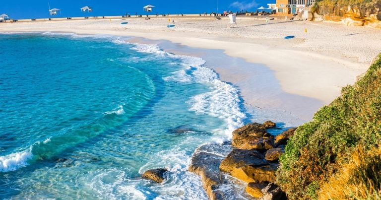 Turquoise water and rocky shoreline at Bronte Beach, one of the most scenic beaches in Sydney