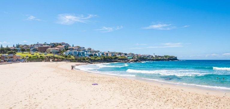 Bronte Beach coastline and sandy shoreline at one of the most beautiful beaches in Sydney