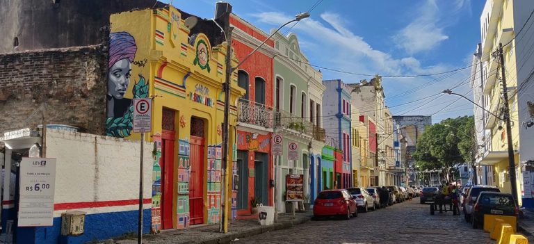 Colorful historic street in Recife featured in this Northeast Brazil travel guide
