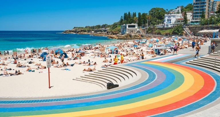 Beachgoers enjoying Coogee Beach and its beachfront promenade at one of the most popular beaches in Sydney