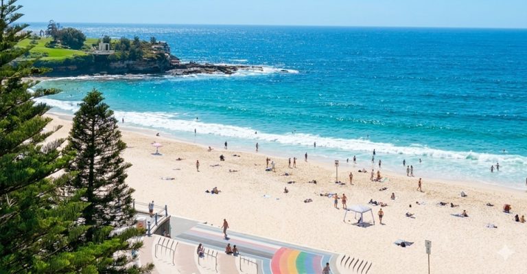 Coogee Beach coastline and turquoise water at one of the most popular beaches in Sydney Caption: Description: