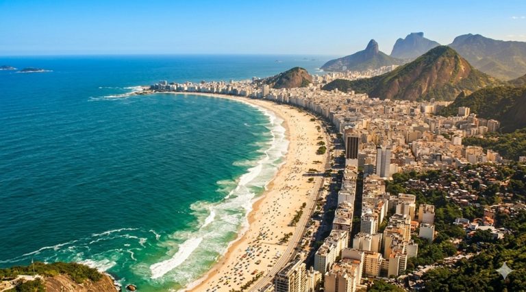 Beaches in Brazil showing Copacabana Beach with white sand and turquoise water in Rio de Janeiro