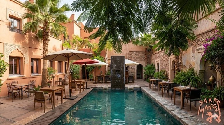Cour intérieure du restaurant Sakamanga à Antananarivo avec piscine et tables ombragées Caption: Description: