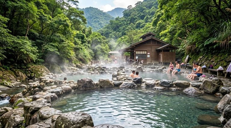 Taiwan hot springs in a forest mountain setting with outdoor geothermal pools, stone baths, and traditional onsen buildings Caption: Description: