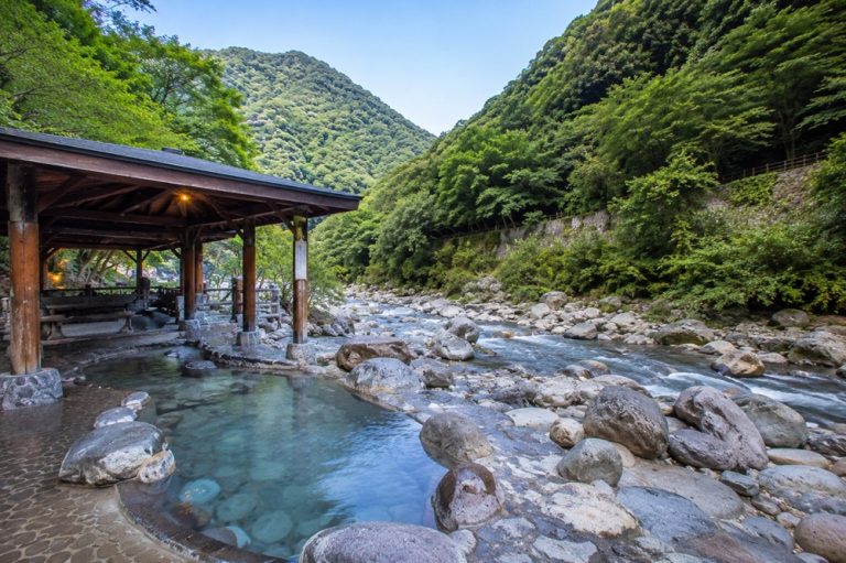 Taiwan hot springs at Guanziling with riverside thermal pools, forested mountains, and peaceful outdoor onsen scenery