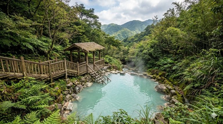 Taiwan hot springs hidden in a lush forest valley with turquoise geothermal pools, wooden walkways, and mountain scenery