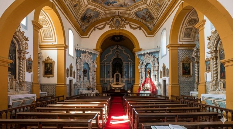Historic church interior with ornate altar, colonial architecture, and decorative ceiling on Santa Catarina Island