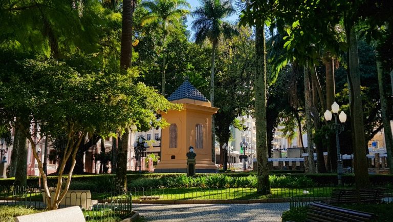 Historic garden square with palm trees and walking paths in downtown Florianópolis on Santa Catarina Island
