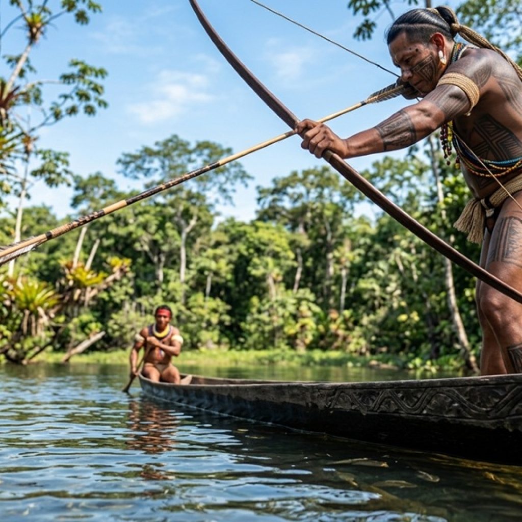 Indigenous people navigating a river in an Amazon Rainforest Brazil Guide experience