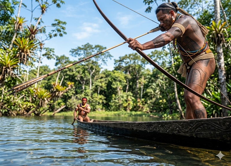 Indigenous people navigating a river in an Amazon Rainforest Brazil Guide experience