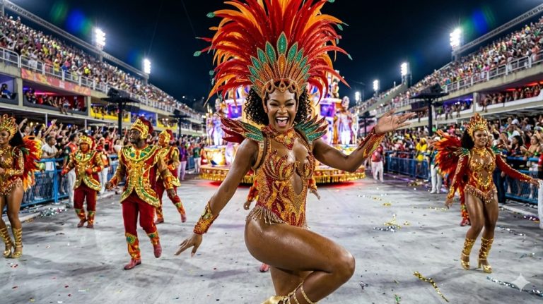 Brazil Carnival samba performers dancing during a Rio de Janeiro Sambadrome parade surrounded by crowds and colorful costumes