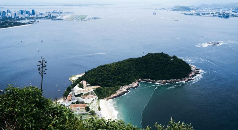 Forested island in Guanabara Bay near Rio de Janeiro, representing the best islands in Brazil