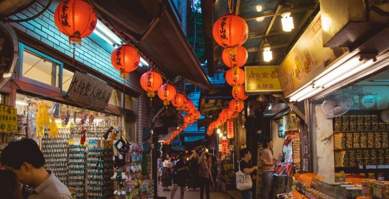 Lantern-lit shopping street during a Jiufen and Shifen day trip in Taiwan