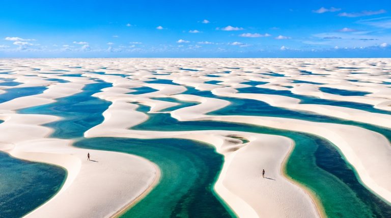 Aerial view of Lençóis Maranhenses lagoons featured in this Northeast Brazil travel guide
