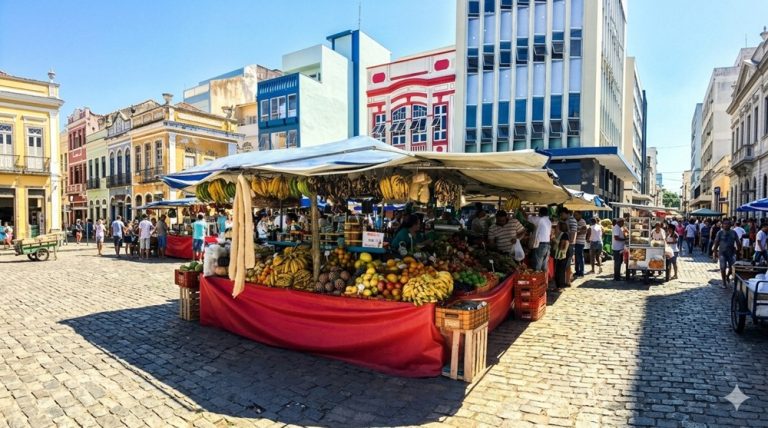 Things to Do in Florianópolis Brazil local market stalls and colorful historic buildings in downtown Florianópolis