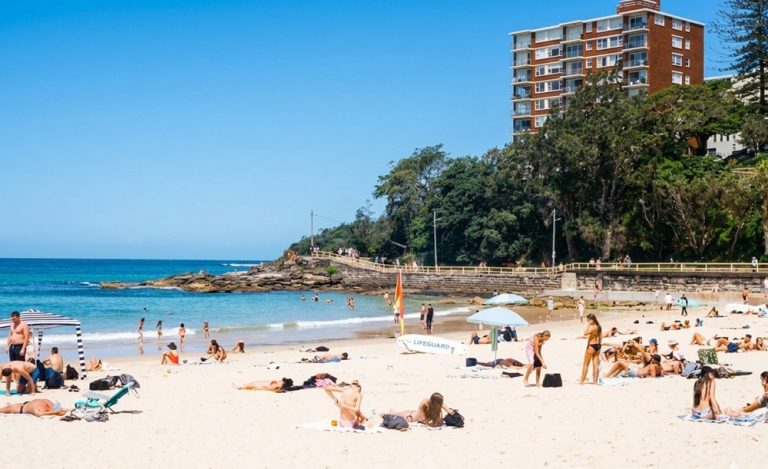 Visitors relaxing on Manly Beach, one of the most famous beaches in Sydney and the northern beaches region