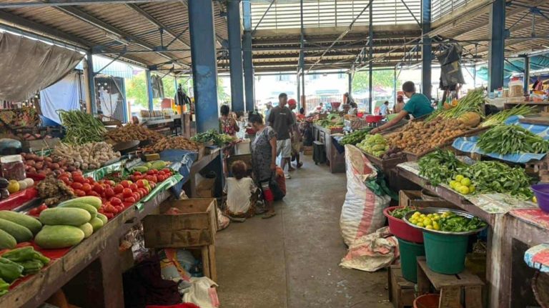 Marché couvert malgache avec étals de légumes, fruits frais et habitants faisant leurs courses