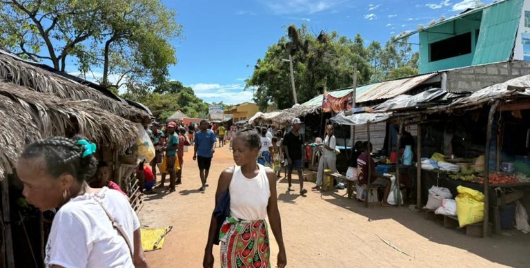 Marché local animé dans une ville malgache lors d’un itinéraire Madagascar Caption : Description :