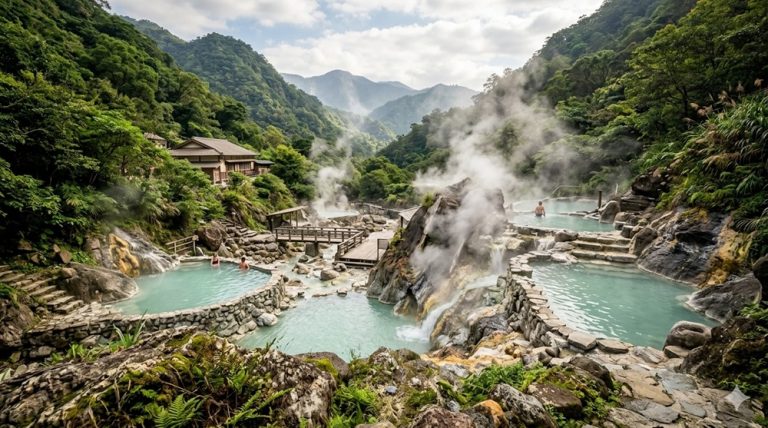 Taiwan hot springs in a mountain valley with steaming geothermal pools, stone onsen baths, and lush forest scenery