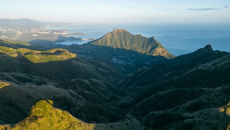 Panoramic mountain and ocean view near Jiufen in northern Taiwan Caption: Description: