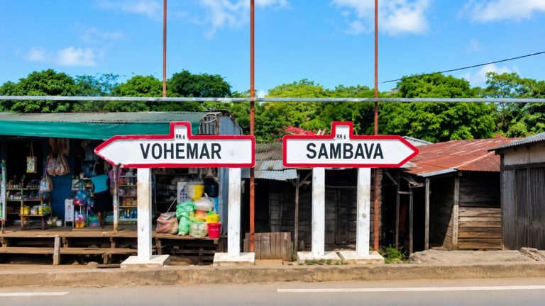 Panneaux indiquant Sambava et Vohémar dans le nord de Madagascar