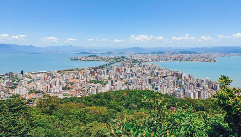 Panoramic city and coastal view overlooking Florianópolis and Santa Catarina Island in southern Brazil