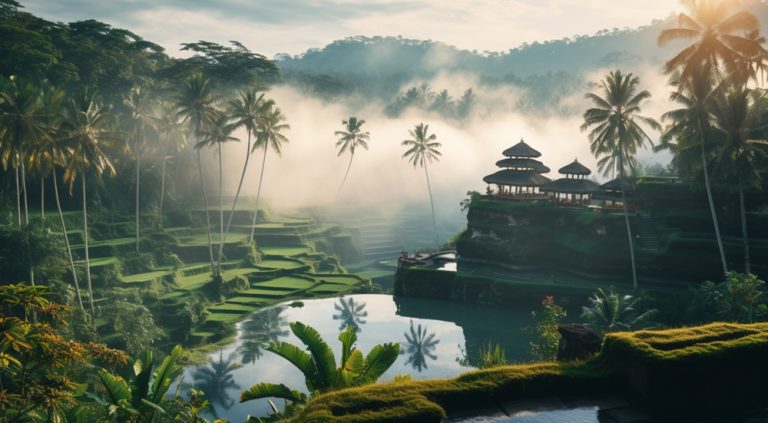 Traditional rice terraces and temple landscape in Bali at sunrise – is Bali safe for tourists visiting the island
