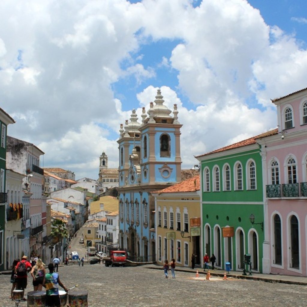 Historic Pelourinho square and colorful colonial architecture showing where to stay in Salvador, Brazil