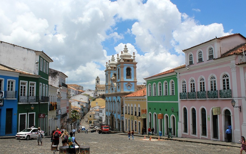 Historic Pelourinho square and colorful colonial architecture showing where to stay in Salvador, Brazil