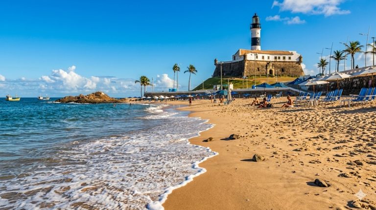 Beaches in Brazil showing Porto da Barra with calm water and historic lighthouse in Salvador Caption Description